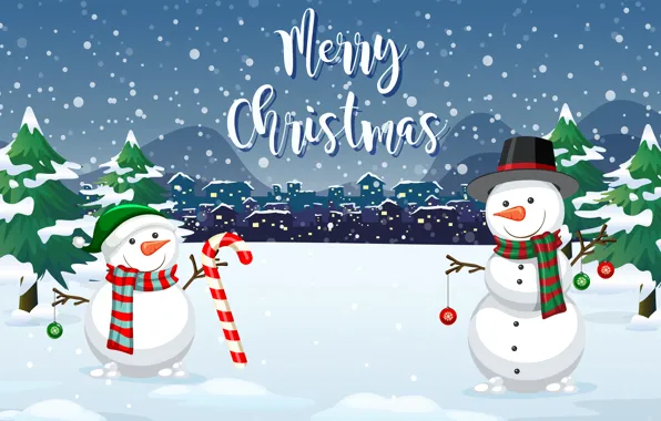 Картинка Зима, Снег, Улыбка, Рождество, Новый год, Двое, Merry Christmas, Снеговики, Счастливого рождества