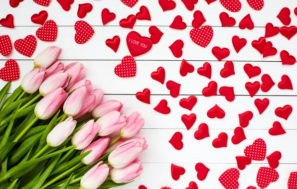 Картинка любовь, цветы, букет, сердечки, тюльпаны, love, розовые, wood, pink, flowers, romantic, hearts, tulips, valentine's day