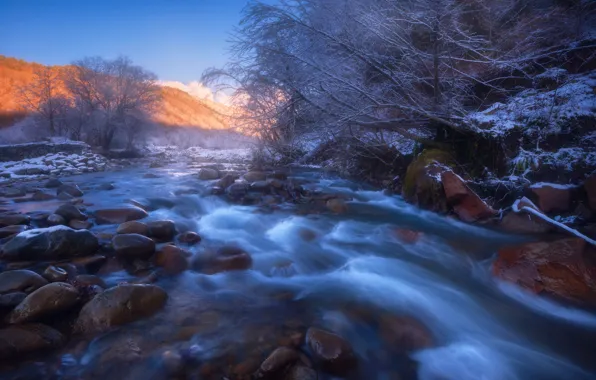 Картинка зима, деревья, природа, река, камни, течение, вид, sozel