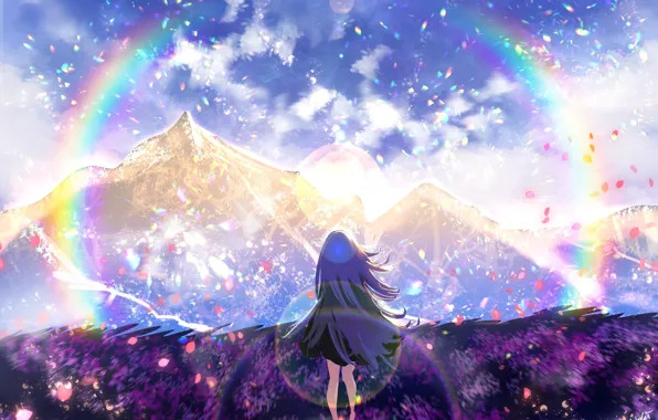 Картинка небо, горы, поляна, радуга, девочка, by Noki