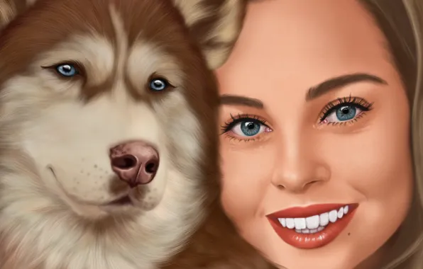 Картинка девушка, рисунок, портрет, собака, хаски, иллюстрация