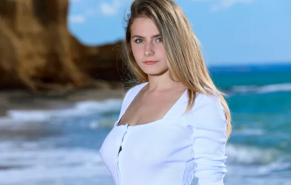 Картинка waves, beach, sky, long hair, hot girl, ocean, model, sand, outside, sexy woman, posing, white …