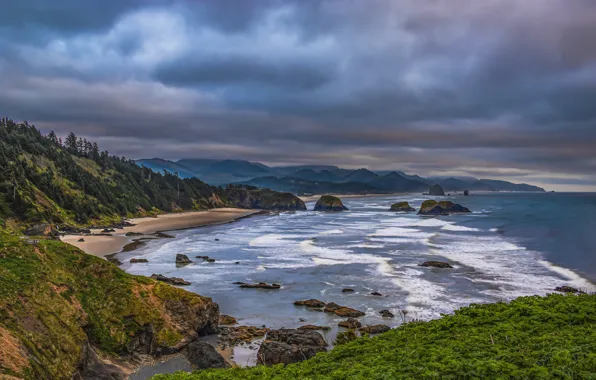 Картинка пейзаж, тучи, природа, океан, побережье, США, United States, Oregon, Cannon Beach, Ecola State Park