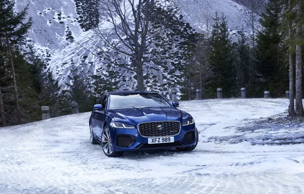 Картинка снег, Jaguar, седан, Jaguar XF, 2020, XF, на горной дороге