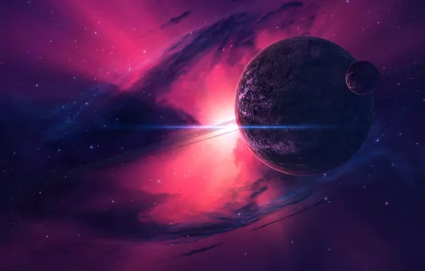 Картинка космос, планета, арт, розовый фон