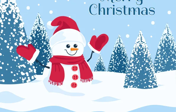 Картинка зима, лес, снег, графика, шарф, Рождество, сугробы, Новый год, пуговицы, снеговик, снегопад, колпак, голубой фон, …