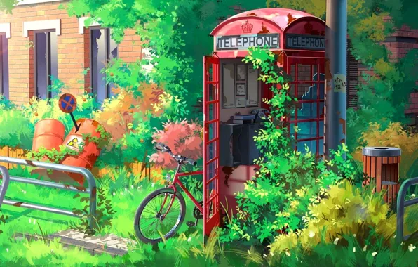 Картинка велосипед, заросли, зеленая трава, красная, постапокалипсис, бочки, телефонная будка, дорожный знак, запустение, заброшенная зона, by …