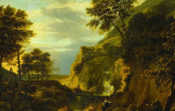 Картинка масло, картина, холст, 1692, Горный пейзаж с водопадом, Roelant Roghman, Роелант Рогман