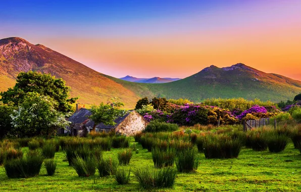 Картинка пейзаж, закат, горы, природа, дом, сад, Ирландия, насаждения