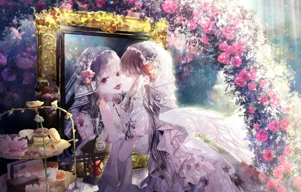 Картинка рама, зеркало, сладости, невеста, фата, пирожные, оборки, красные розы, альтер эго, разбитое зеркало, ангел и …