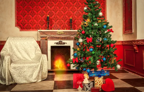 Картинка интерьер, кресло, Рождество, подарки, Новый год, ёлка, камин