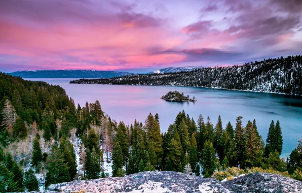 Картинка зима, снег, деревья, пейзаж, закат, горы, природа, озеро, США, леса, Тахо, Lake Tahoe