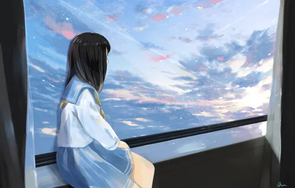 Картинка небо, девушка, окно, форма