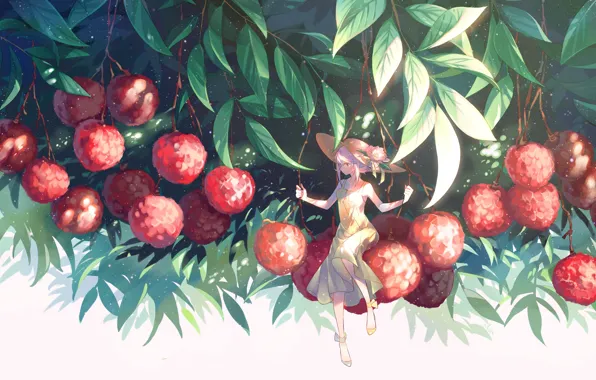 Картинка листья, девушка, ягоды