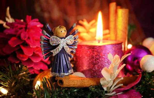 Картинка зима, праздник, игрушка, свеча, ангел, Рождество, девочка, Новый год, ёлочные игрушки, новогодние игрушки