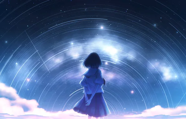 Картинка небо, девушка, ночь, млечный путь, звездопад, by Nengoro