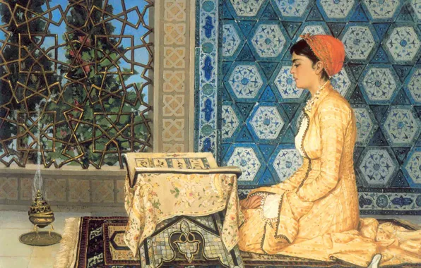 Картинка девушка, портрет, Турция, Девушка читающая Коран, Osman Hamdi