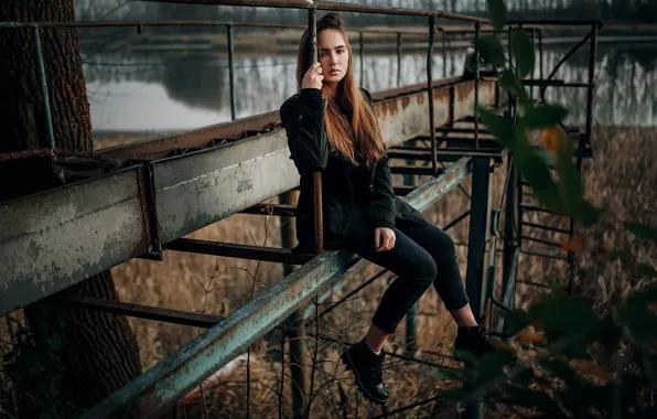 Картинка взгляд, девушка, мост, поза, река, Евгений Сухоруков
