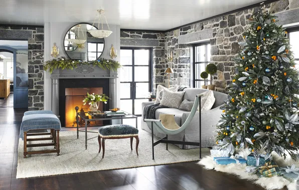 Картинка украшения, уют, тепло, елка, Новый Год, Рождество, подарки, камин, гостиная