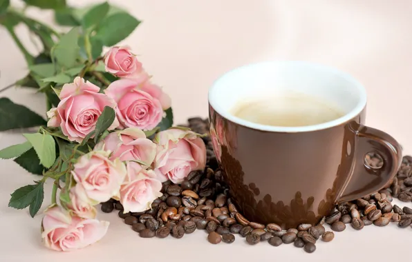 Картинка розы, букет, чашка, кофейные зерна, INFO@ARTSY.RU, DENO