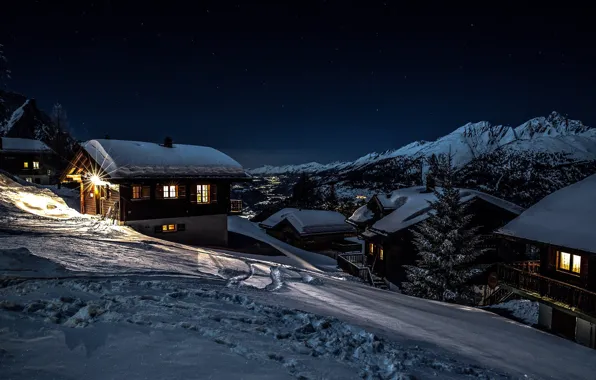 Картинка зима, снег, пейзаж, горы, ночь, природа, село, дома, Швейцария, долина, освещение, Rosswald