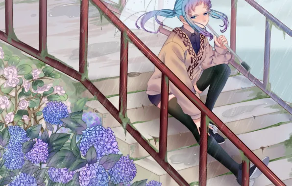 Картинка цветы, дождь, зонт, девочка, Hatsune Miku, Vocaloid, Вокалоид, гортензия, Хатсуне Мику