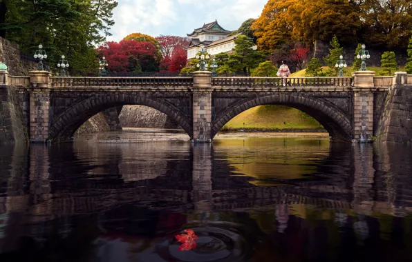 Картинка осень, деревья, пейзаж, мост, река, женщина, японка, здание, Япония, Токио, фонари, дворец