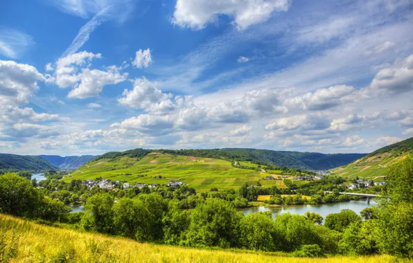 Картинка лето, небо, облака, река, холмы, поля, Германия, Germany, Sinsheim