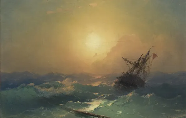 Картинка волны, шторм, картина, морской пейзаж, Иван Айвазовский, 1865, Корабль в Бедствии