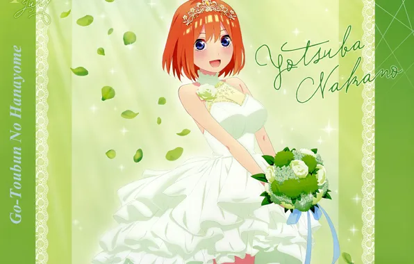 Картинка корсет, рыжая, невеста, диадема, свадебное платье, букет невесты, go-toubun no hanayome, nakano yotsuba, by masato …