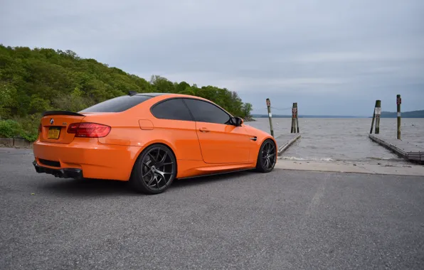 Картинка BMW, Orange, E92, Lake, Rear View, M3