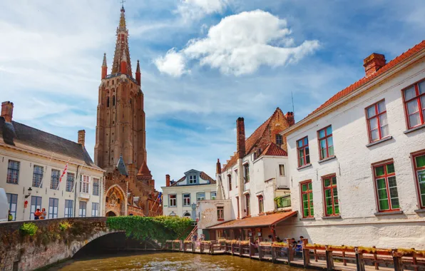 Картинка мост, дома, канал, Бельгия, Брюгге, Church of Our Lady