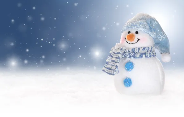 Картинка зима, снег, улыбка, праздник, голубой, игрушка, шарф, Рождество, Новый год, снеговик, снегопад, колпак, голубой фон, …