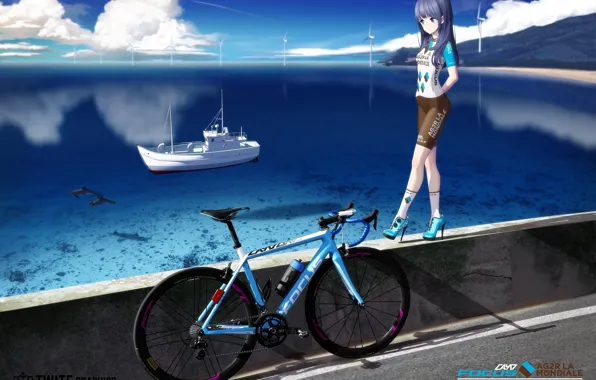 Картинка море, девушка, велосипед, корабль