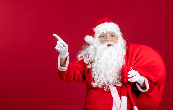 Картинка очки, Рождество, Новый год, Санта Клаус, мешок, Дед Мороз, жест, красный фон