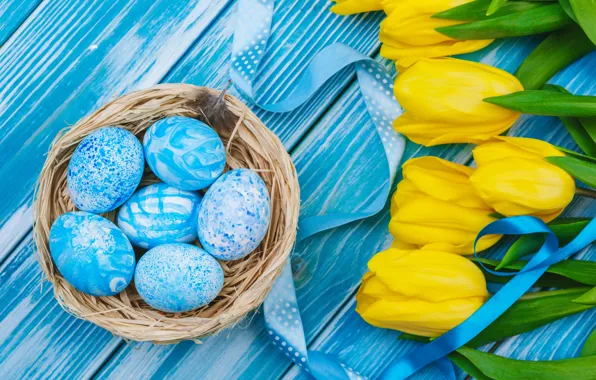 Картинка цветы, яйца, букет, желтые, colorful, Пасха, тюльпаны, happy, yellow, wood, flowers, tulips, Easter, eggs, decoration