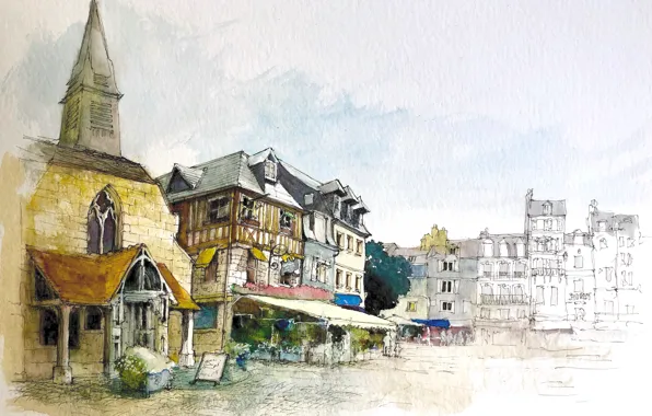 Картинка город, рисунок, Франция, дома, акварель, Онфлёр