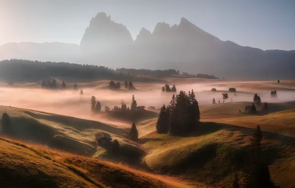 Картинка горы, туман, вид, утро, Альпы, домики