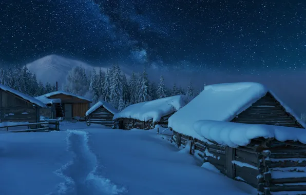 Картинка зима, снег, ночь, деревня, домики