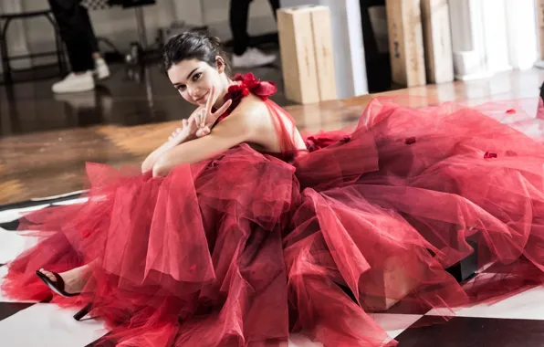 Картинка красное платье, сидит на полу, Kendall Jenner, жест V