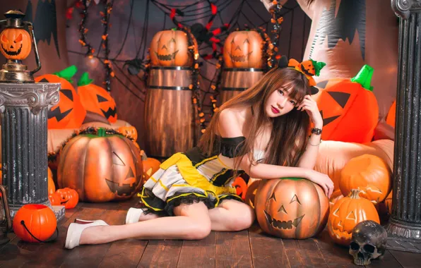 Картинка девушка, тыквы, Хеллоуин, азиатка