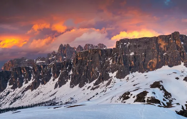 Картинка зима, облака, снег, закат, горы, скалы, вершины, Альпы