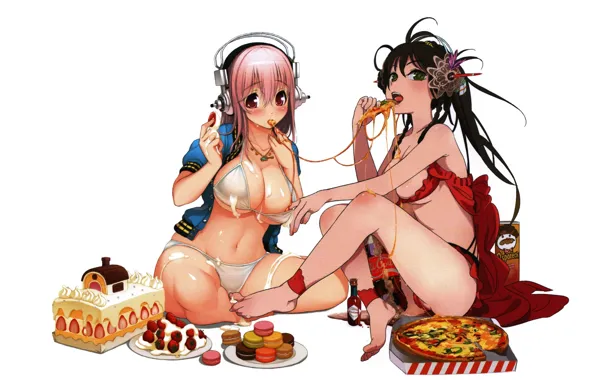 Картинка наушники, бикини, две девушки, пицца, розовые волосы, Yuki Hime, макарони, Sonico, SoniComi, клубничный торт, by …
