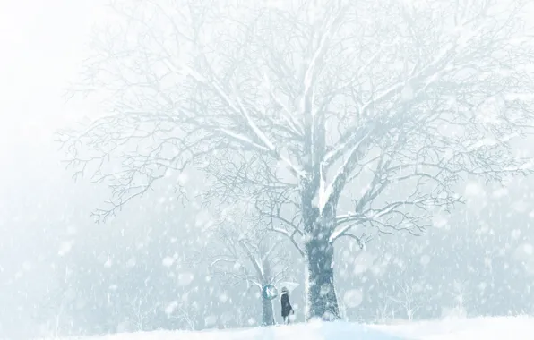 Картинка зима, девушка, снег, дерево, знак