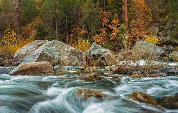 Картинка осень, камни, США, Йосемити, река Мерсед