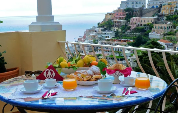 Картинка еда, завтрак, сок, Италия, балкон, фрукты, булочки, Positano, Villa Mary