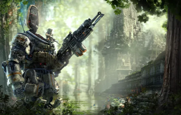 Картинка лес, оружие, робот, Titanfall