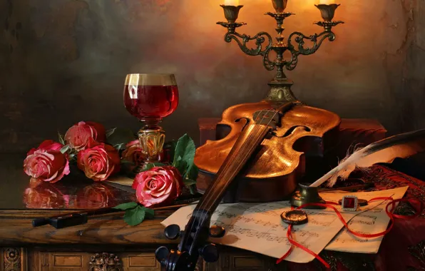 Картинка цветы, стиль, ноты, перо, скрипка, бокал, розы, свечи, натюрморт, подсвечник, Андрей Морозов