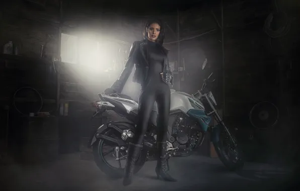 Картинка девушка, гараж, мотоцикл