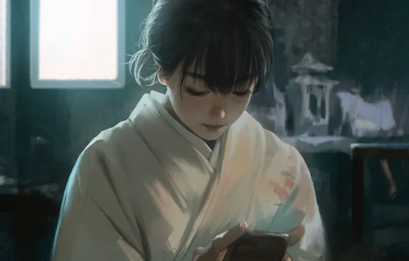 Картинка японка, окно, девочка, телефон, кимоно, азиатка, в комнате, art, чёлка, смотрит вниз, Rui Li